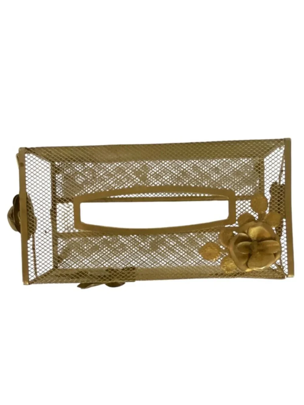 Vintage Decorative Gold Gilt Metal Mesh Tissue Box Holder Floral Rose Accents